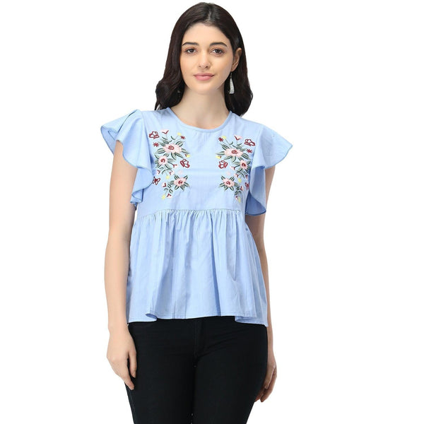 Women Sky Blue Floral Embroidered Top - NOZ2TOZ - Indiakreations