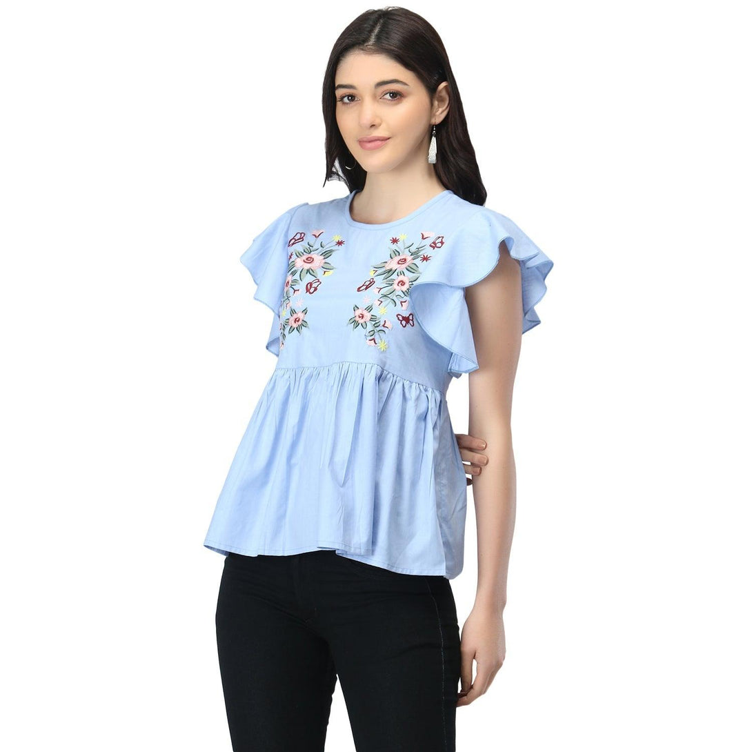 Women Sky Blue Floral Embroidered Top - NOZ2TOZ - Indiakreations