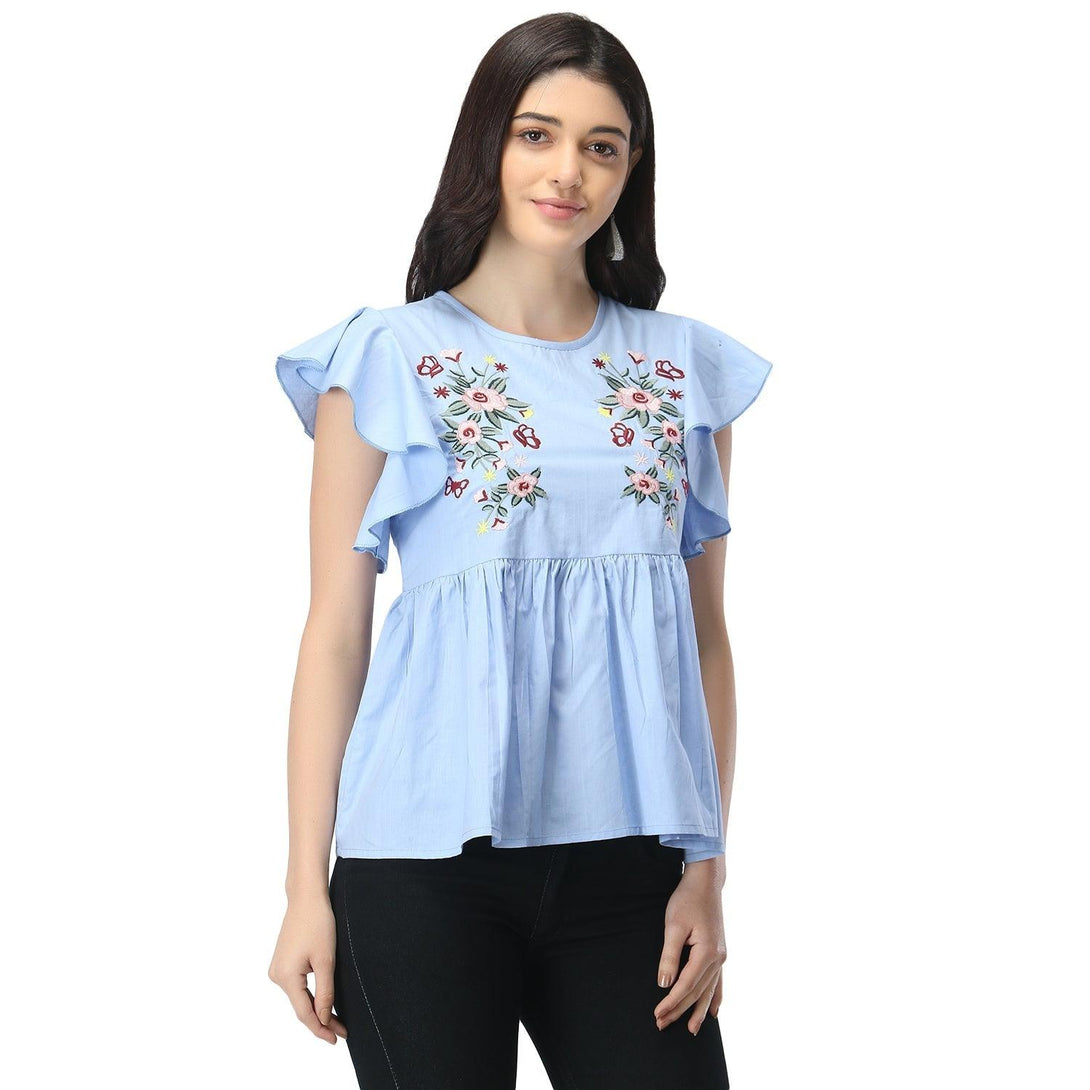 Women Sky Blue Floral Embroidered Top - NOZ2TOZ - Indiakreations