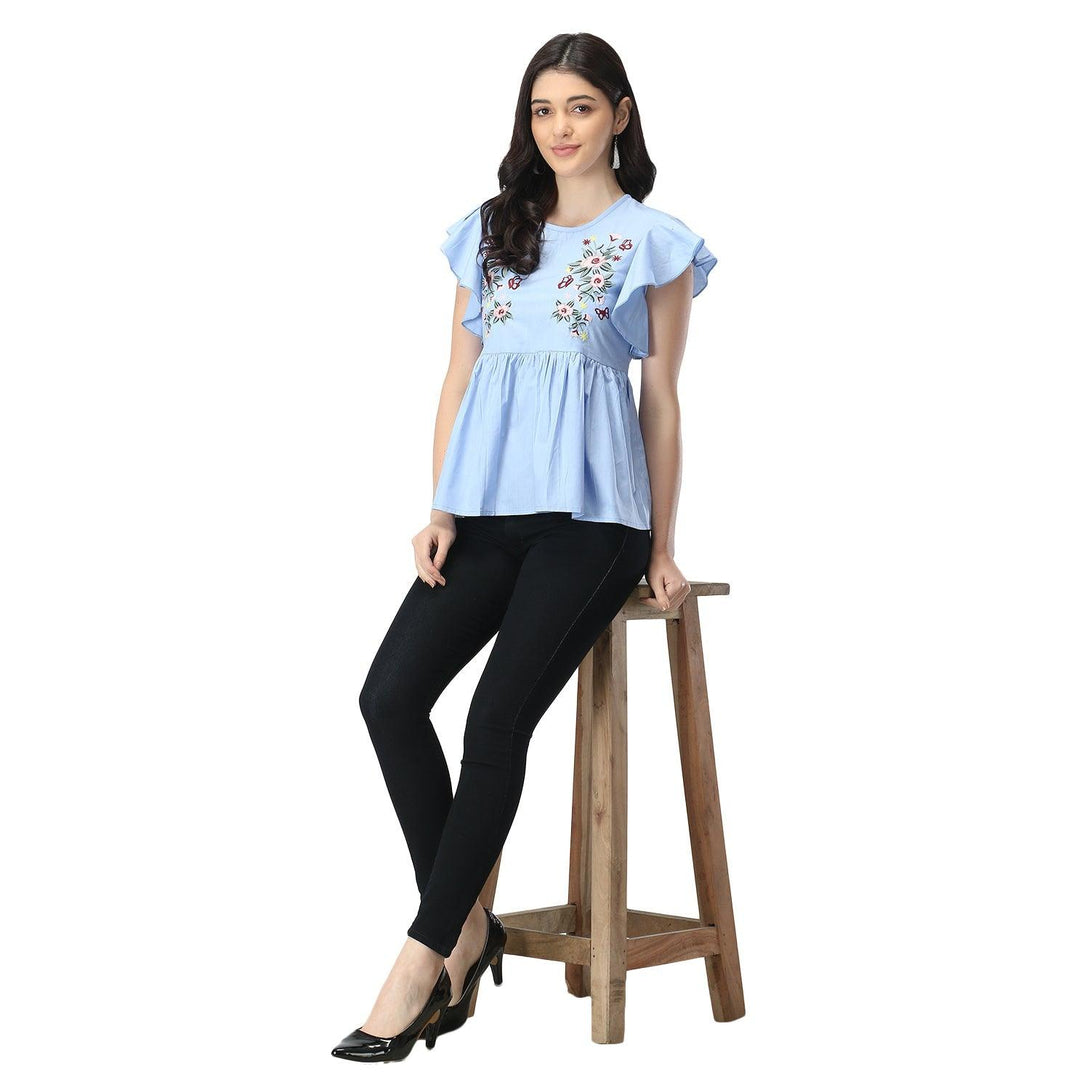 Women Sky Blue Floral Embroidered Top - NOZ2TOZ - Indiakreations