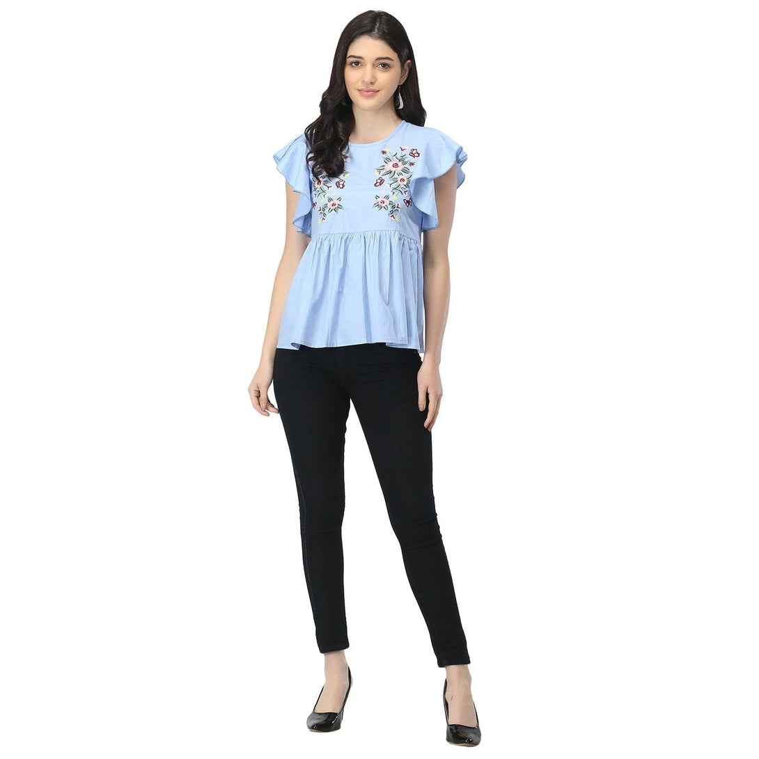 Women Sky Blue Floral Embroidered Top - NOZ2TOZ - Indiakreations