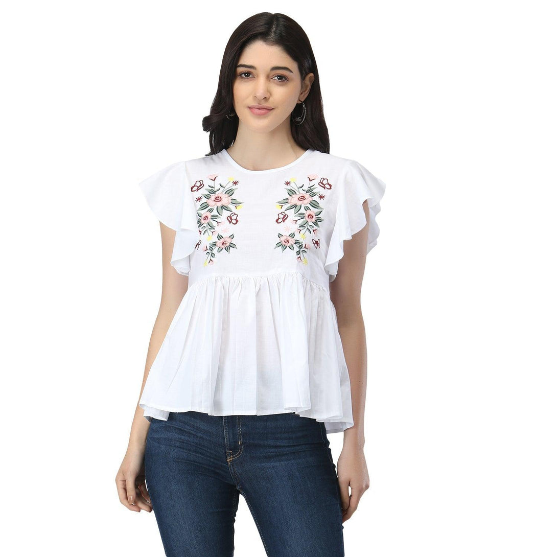 Women White Floral Embroidered Top - NOZ2TOZ - Indiakreations