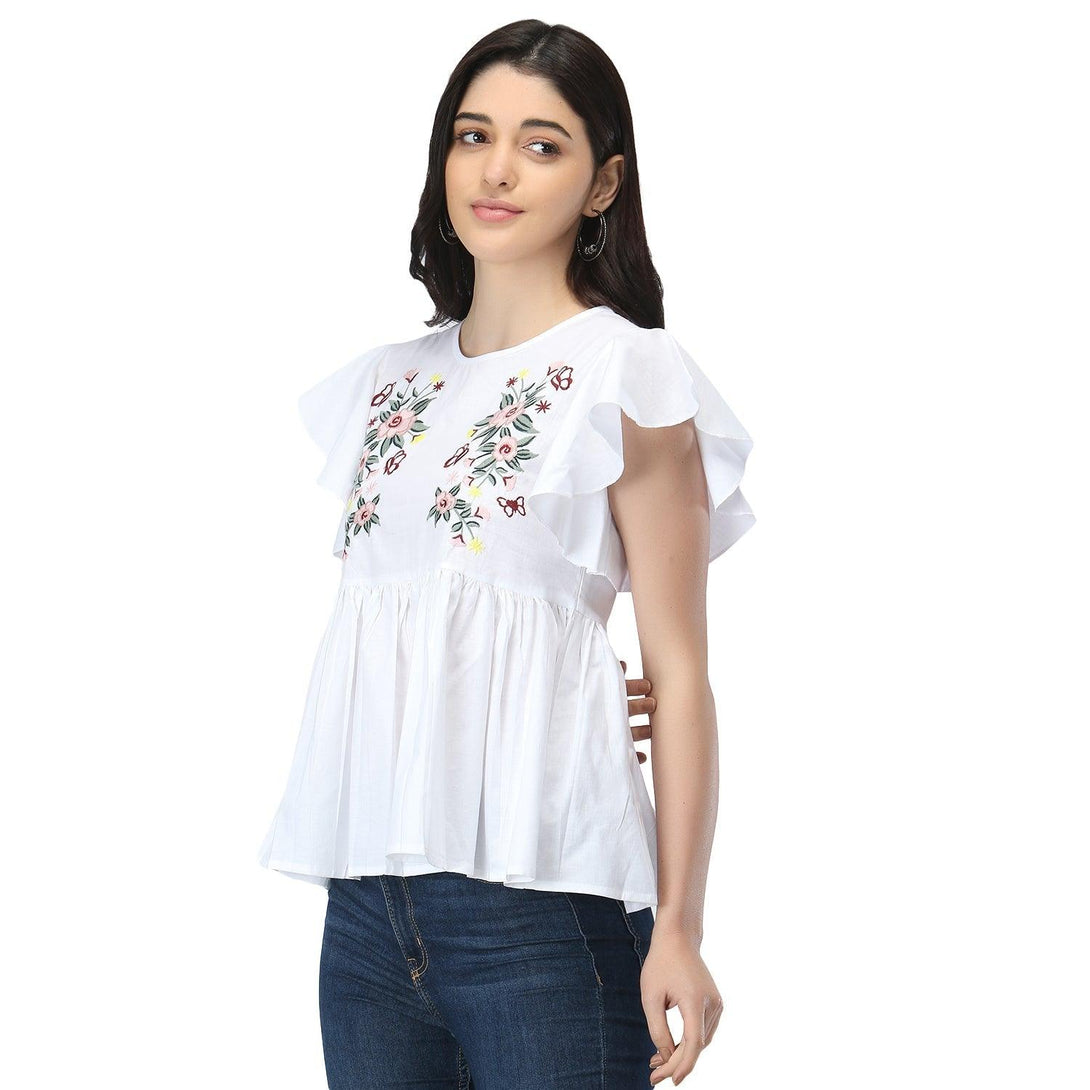 Women White Floral Embroidered Top - NOZ2TOZ - Indiakreations