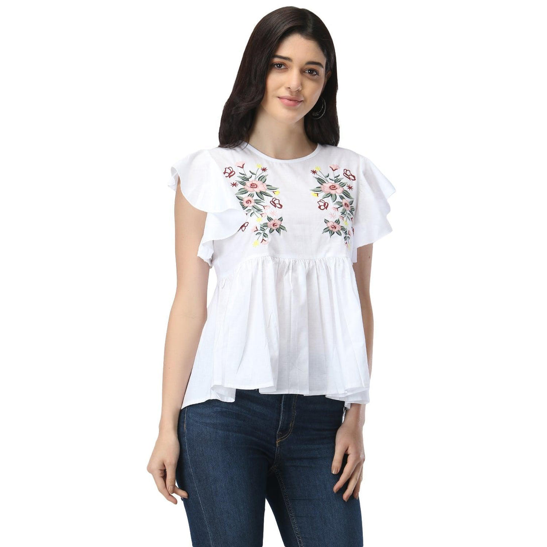 Women White Floral Embroidered Top - NOZ2TOZ - Indiakreations