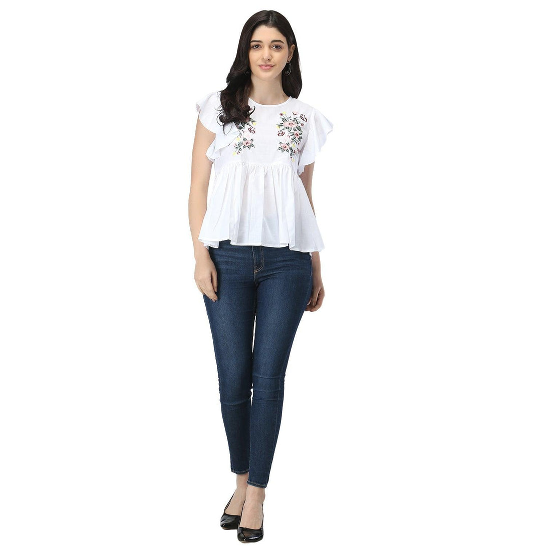 Women White Floral Embroidered Top - NOZ2TOZ - Indiakreations