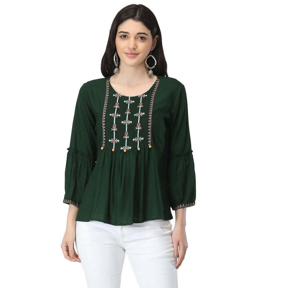 Women Green Floral Embroidered Top - NOZ2TOZ - Indiakreations