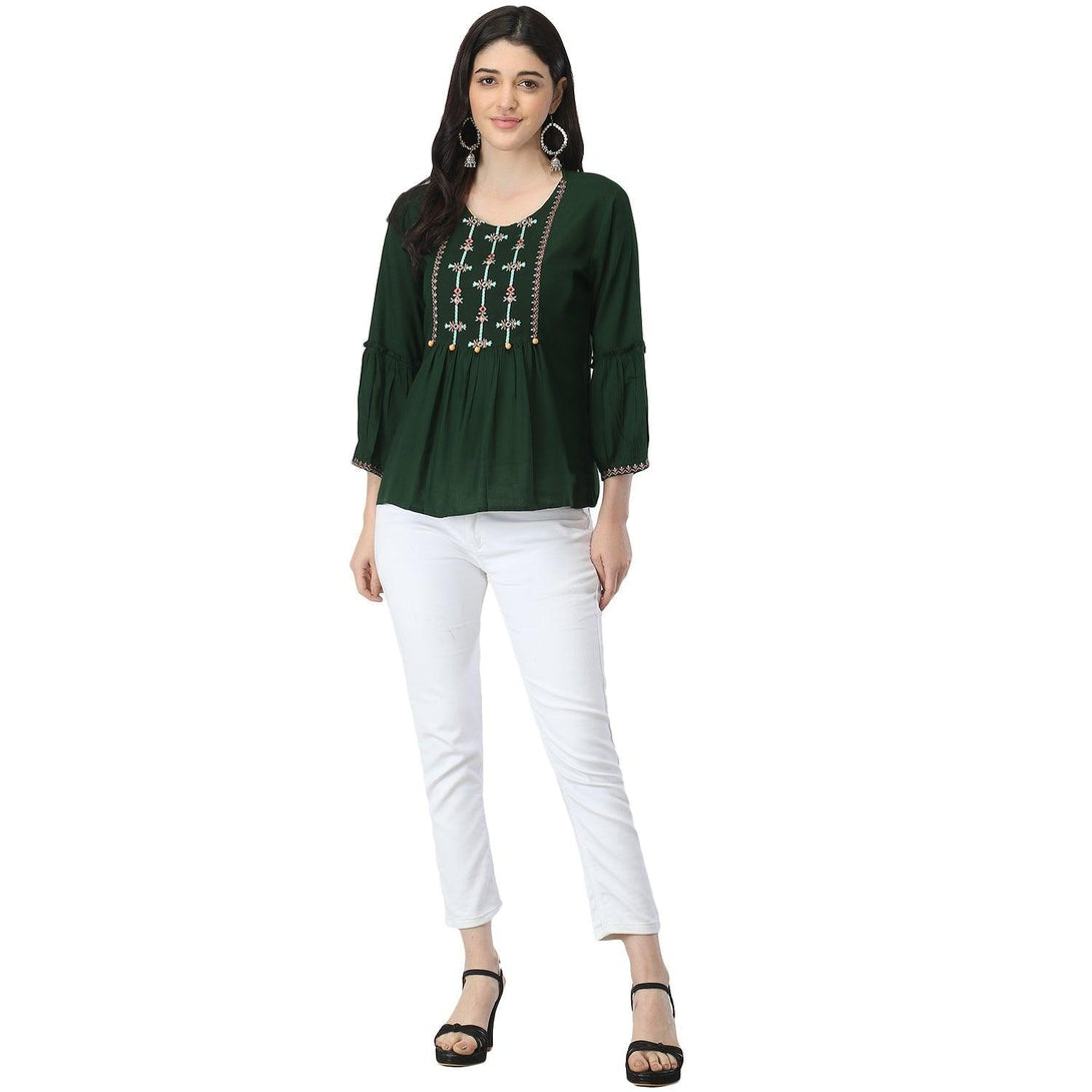 Women Green Floral Embroidered Top - NOZ2TOZ - Indiakreations