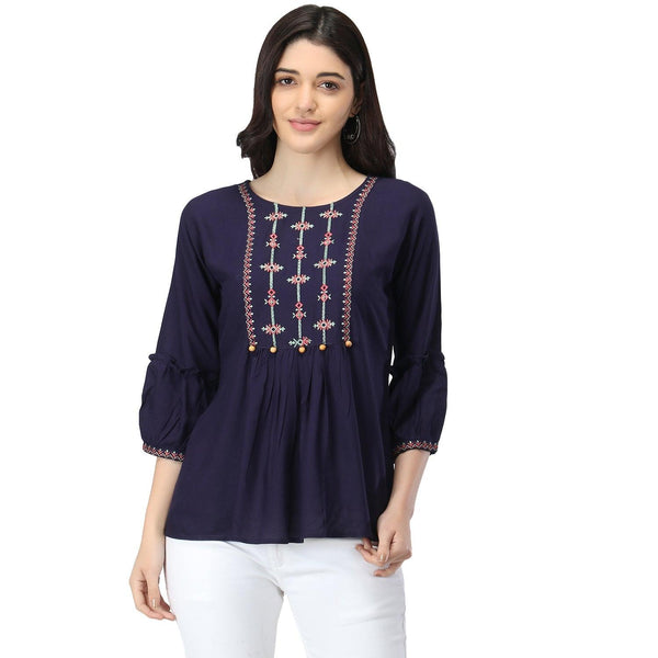 Women Navy Blue Floral Embroidered Top - NOZ2TOZ - Indiakreations