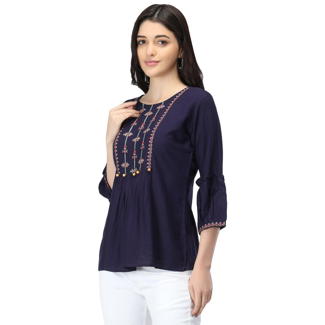 Women Navy Blue Floral Embroidered Top - NOZ2TOZ - Indiakreations