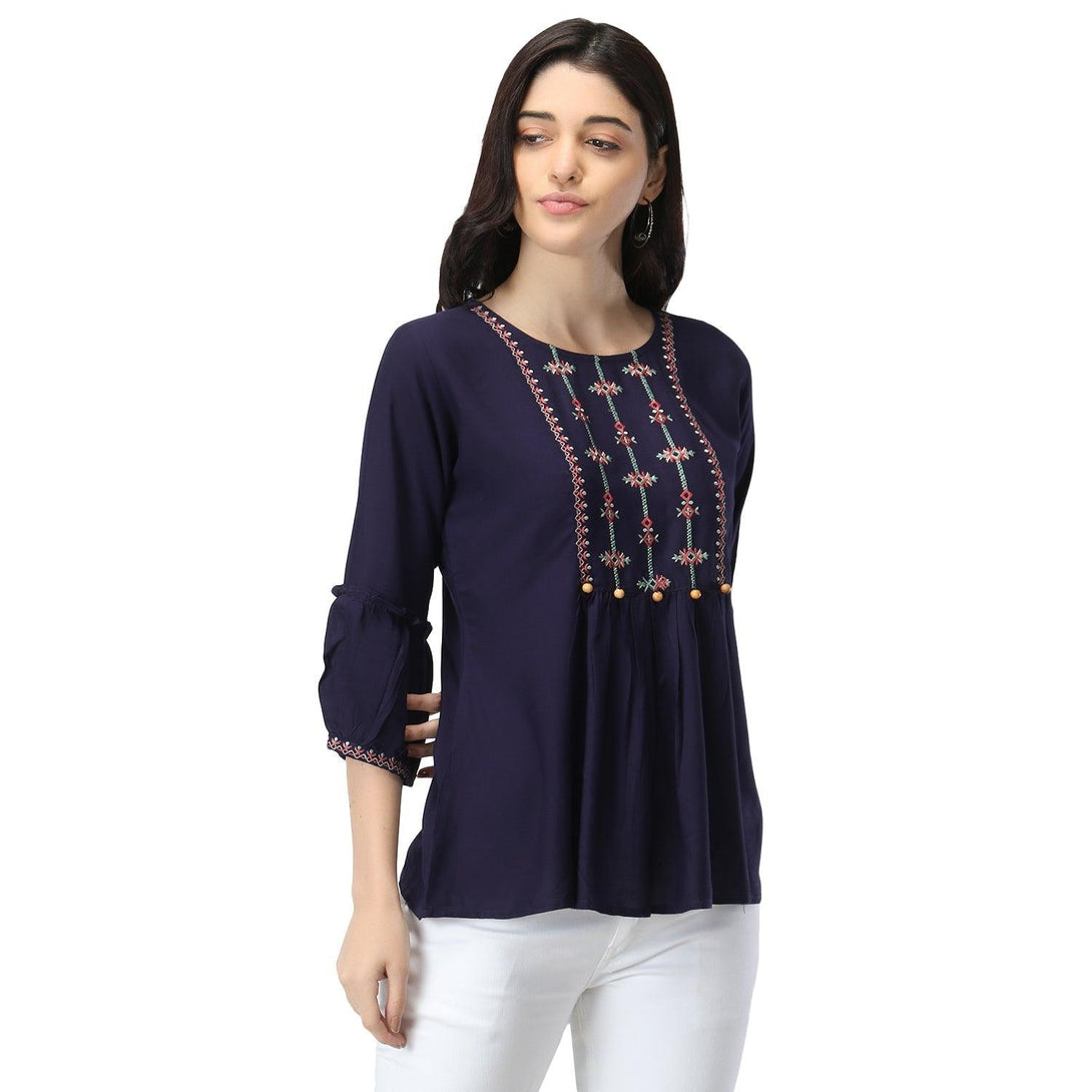 Women Navy Blue Floral Embroidered Top - NOZ2TOZ - Indiakreations