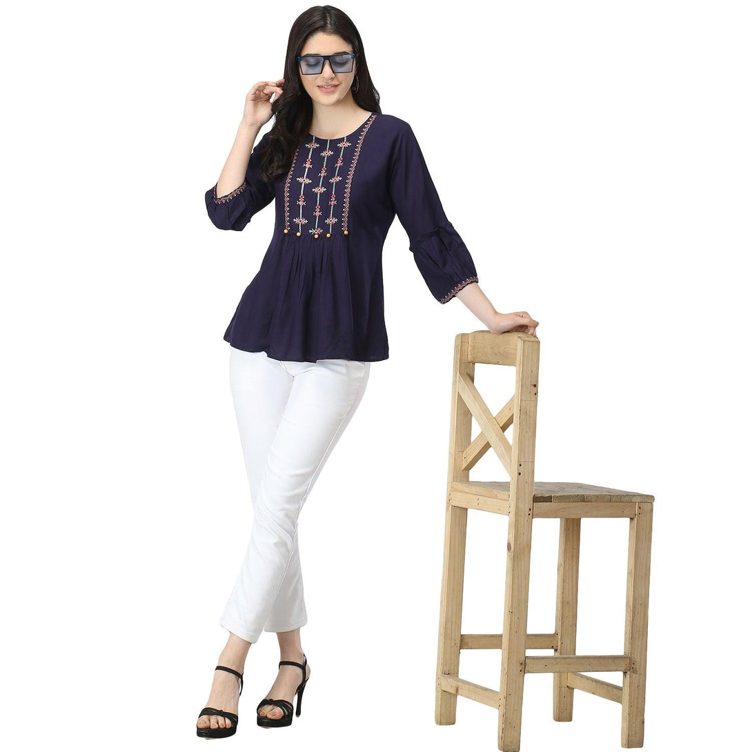 Women Navy Blue Floral Embroidered Top - NOZ2TOZ - Indiakreations