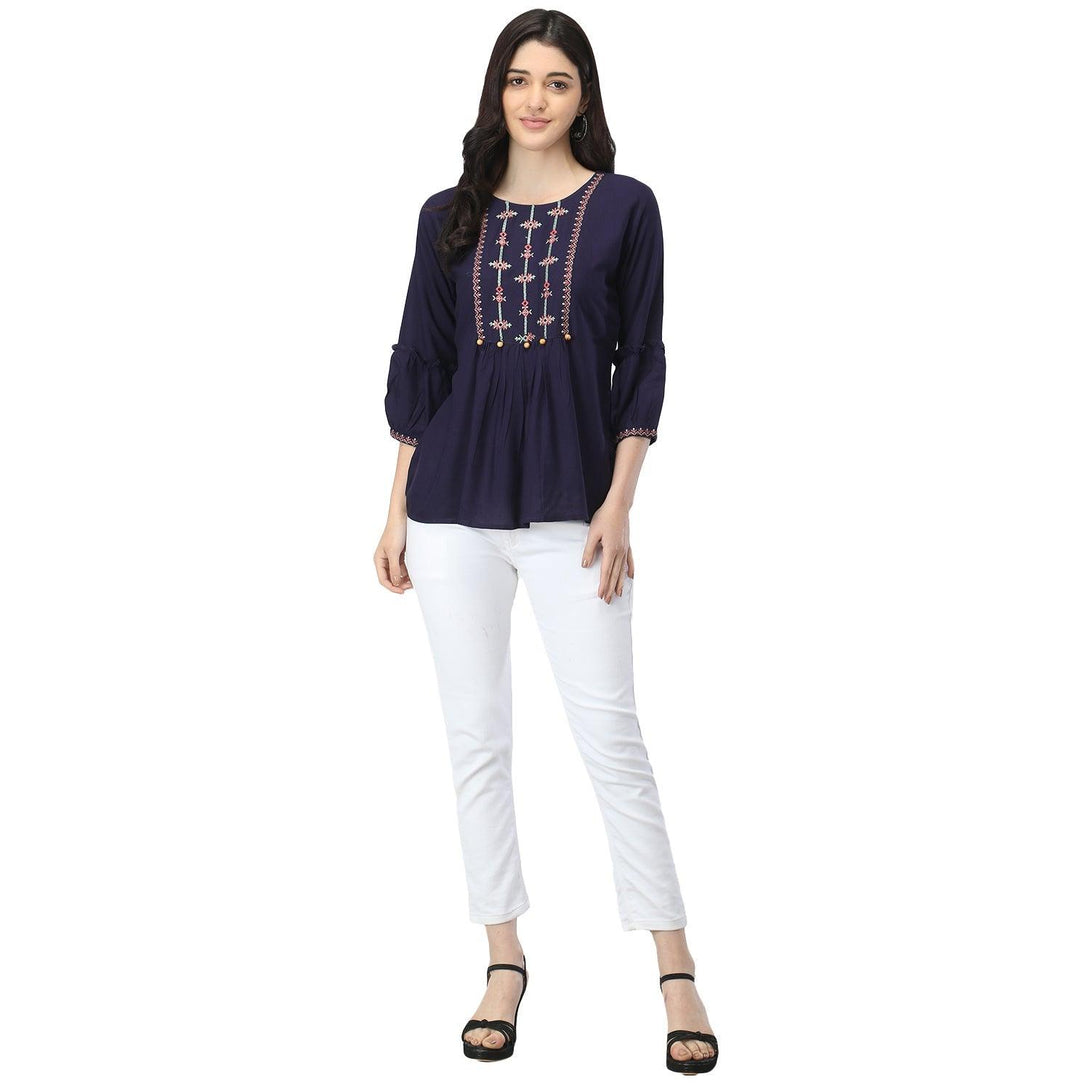 Women Navy Blue Floral Embroidered Top - NOZ2TOZ - Indiakreations