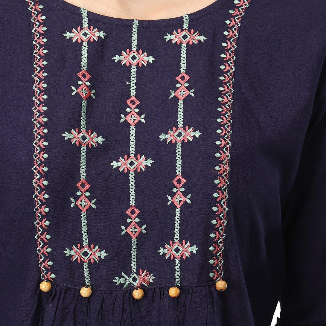 Women Navy Blue Floral Embroidered Top - NOZ2TOZ - Indiakreations