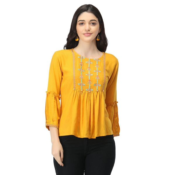 Women Yellow Floral Embroidered Top - NOZ2TOZ - Indiakreations