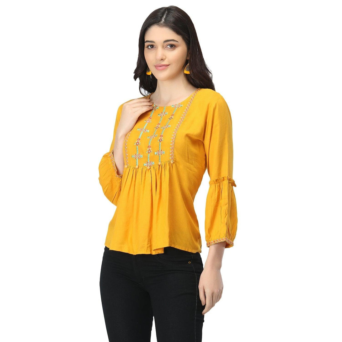 Women Yellow Floral Embroidered Top - NOZ2TOZ - Indiakreations