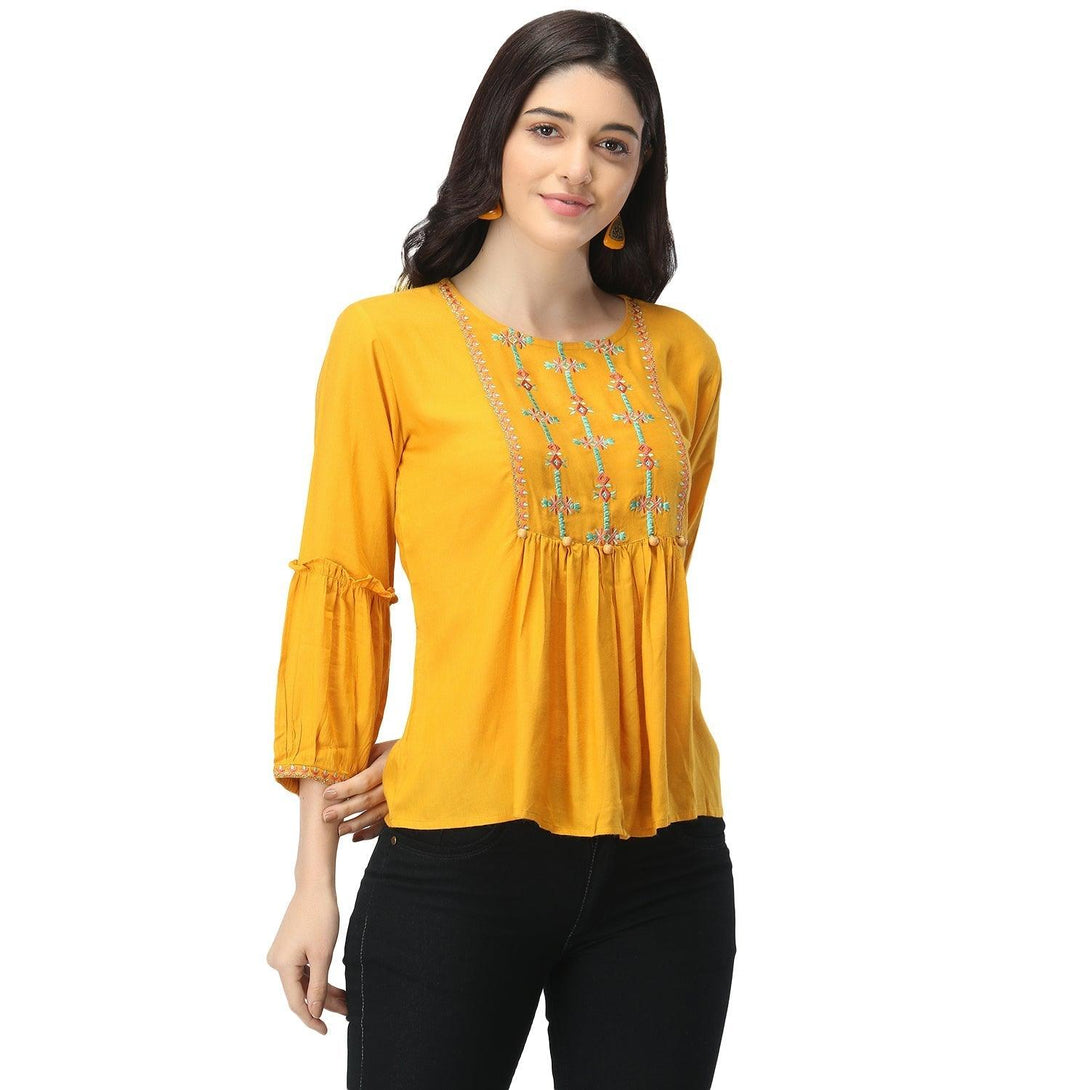 Women Yellow Floral Embroidered Top - NOZ2TOZ - Indiakreations