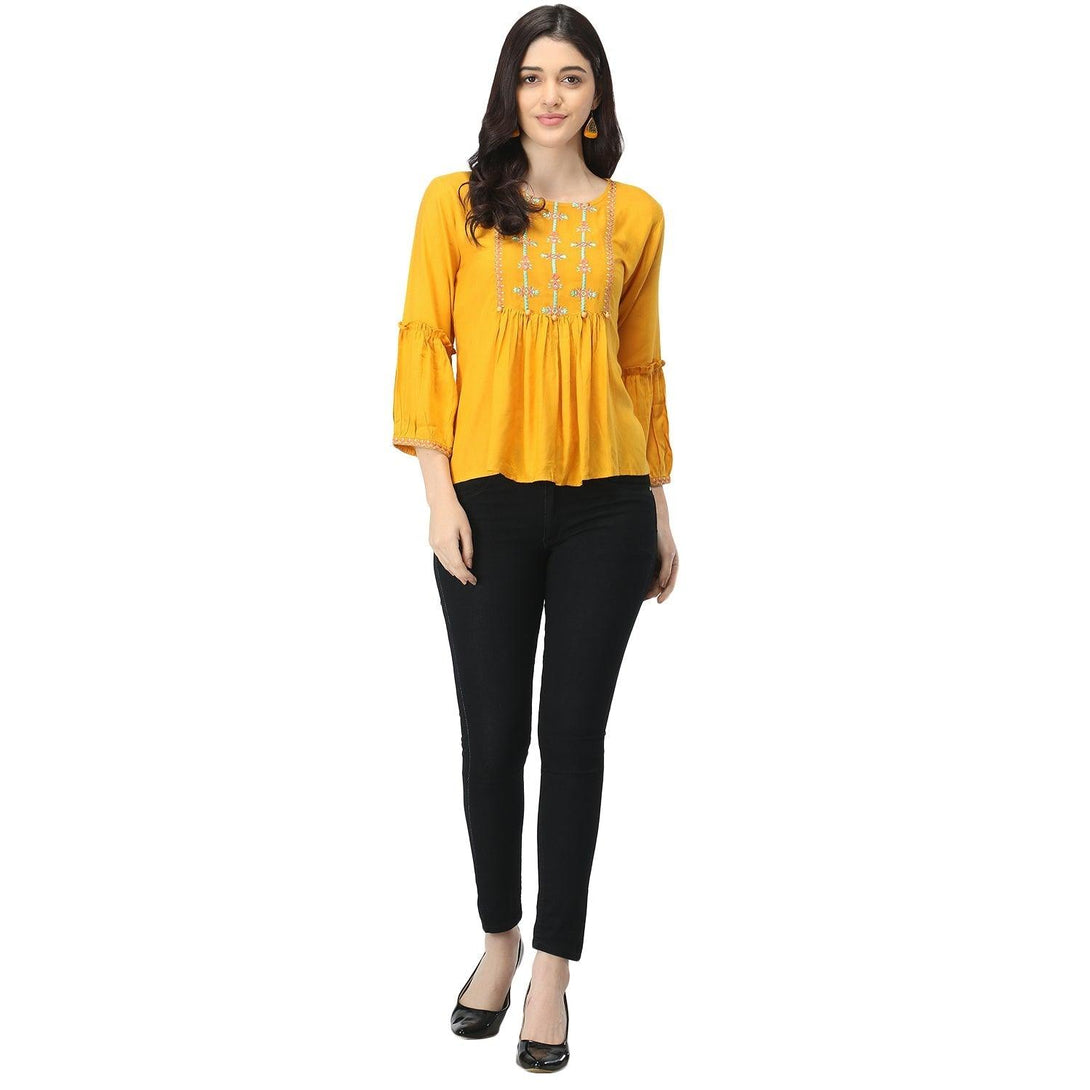 Women Yellow Floral Embroidered Top - NOZ2TOZ - Indiakreations