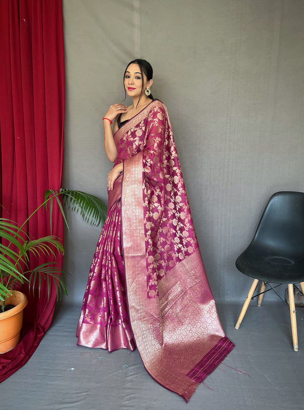 Women's Cotton Linen Jaal Woven Saree Magenta Pink - Tasarika