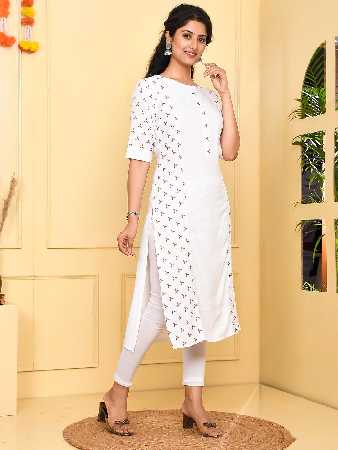 Women's White Rayon Kurta - Jaitpuriya Fashion - Indiakreations