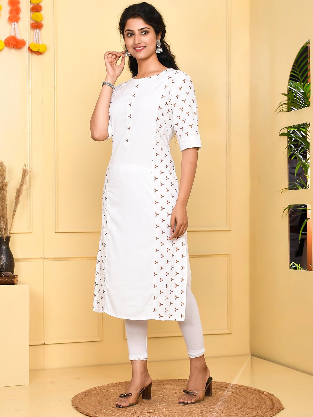 Women's White Rayon Kurta - Jaitpuriya Fashion - Indiakreations