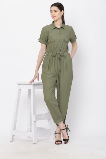 Women'S Olive Solid Poly Laycra Collar Jumpsuit With Belt - Vaaba