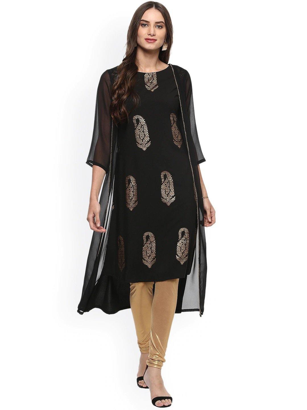 Women's Black Poly Crepe Jacket Style Kurta-Janasya