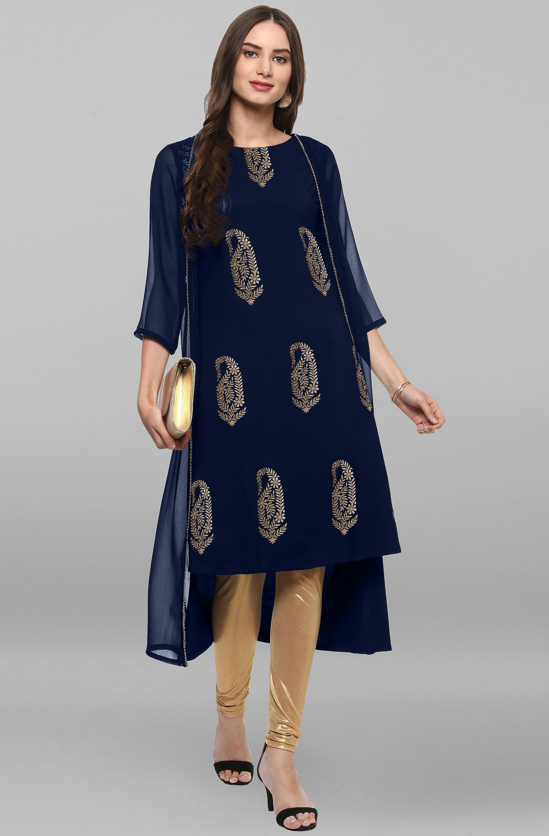 Women's Blue Poly Crepe Foil Print A-Line Kurta - Mansa - Indiakreations