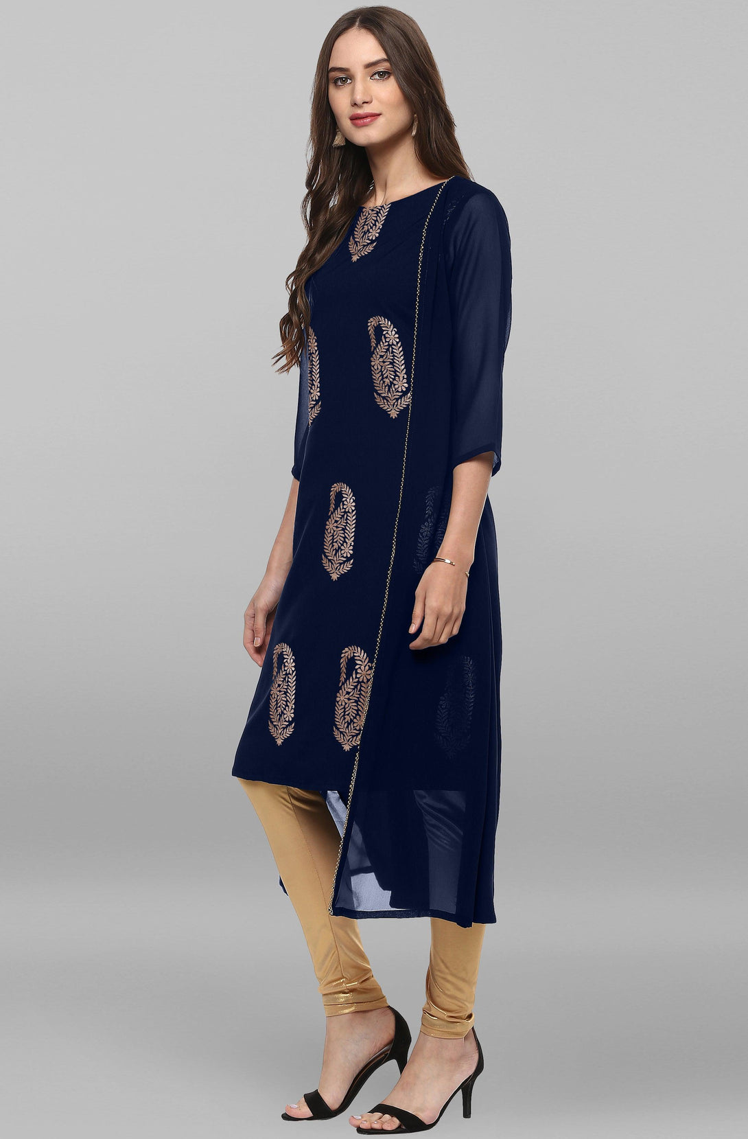 Women's Blue Poly Crepe Foil Print A-Line Kurta - Mansa - Indiakreations