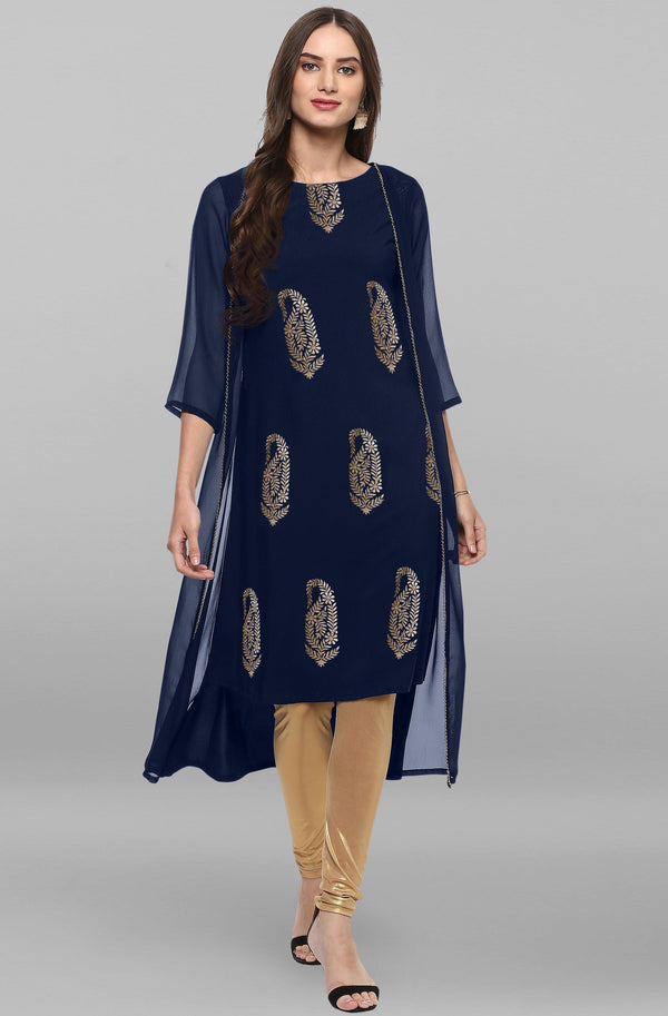 Women's Blue Poly Crepe Foil Print A-Line Kurta - Mansa - Indiakreations