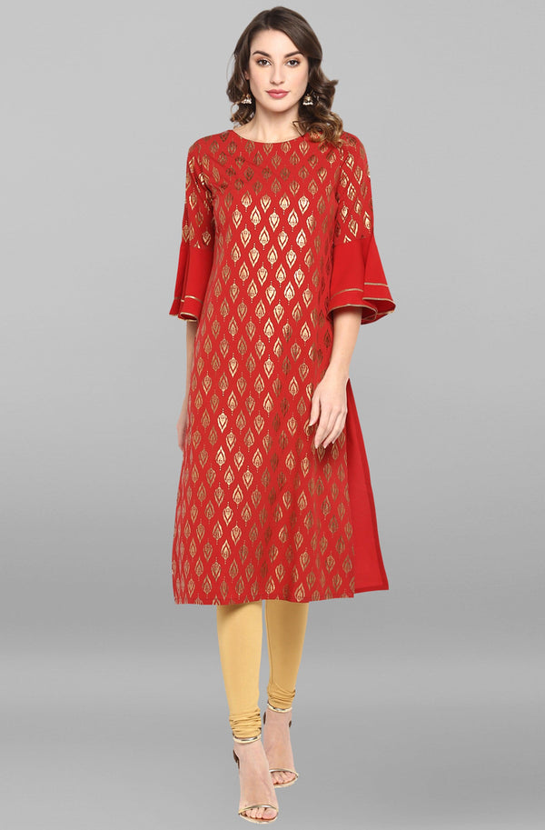 Women's Red Poly Crepe Gold Print Straight Kurta - Mansa - Indiakreations