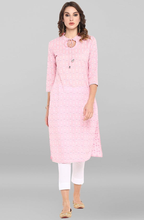 Women's Pink Cotton Floral Print Straight Kurta - Mansa - Indiakreations