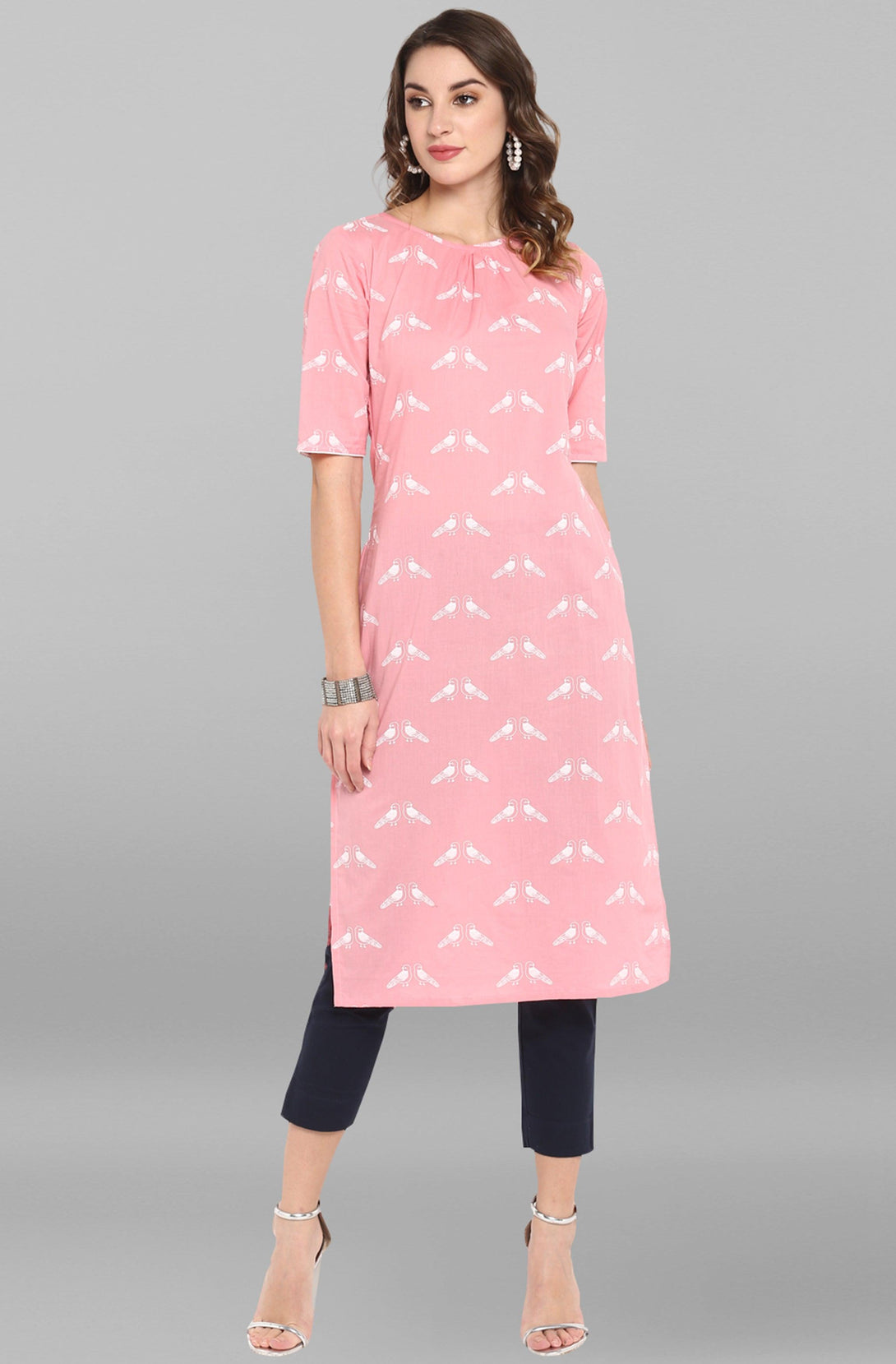 Women's Pink Cotton Printed Straight Kurta - Mansa - Indiakreations