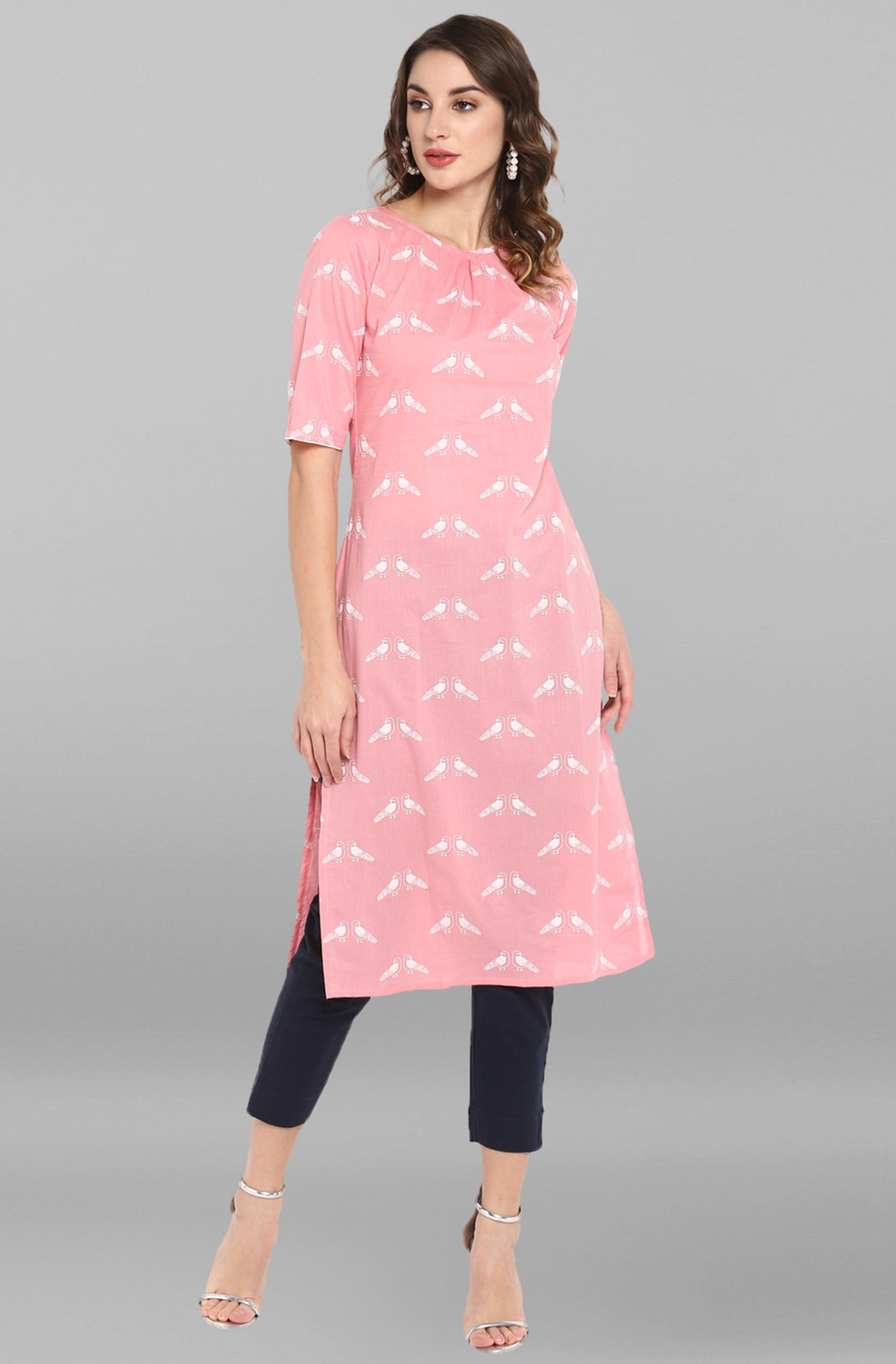 Women's Pink Cotton Printed Straight Kurta - Mansa - Indiakreations