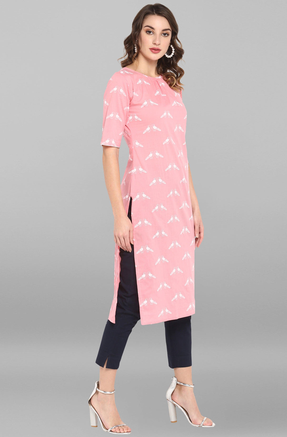 Women's Pink Cotton Printed Straight Kurta - Mansa - Indiakreations