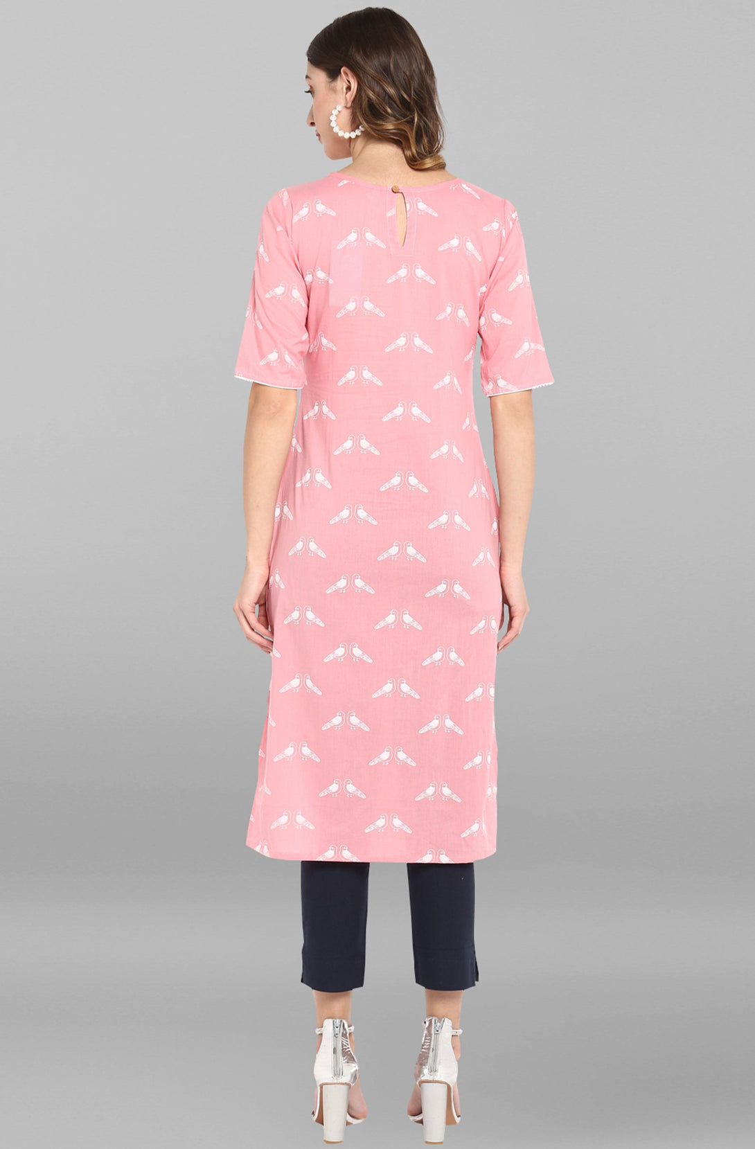 Women's Pink Cotton Printed Straight Kurta - Mansa - Indiakreations