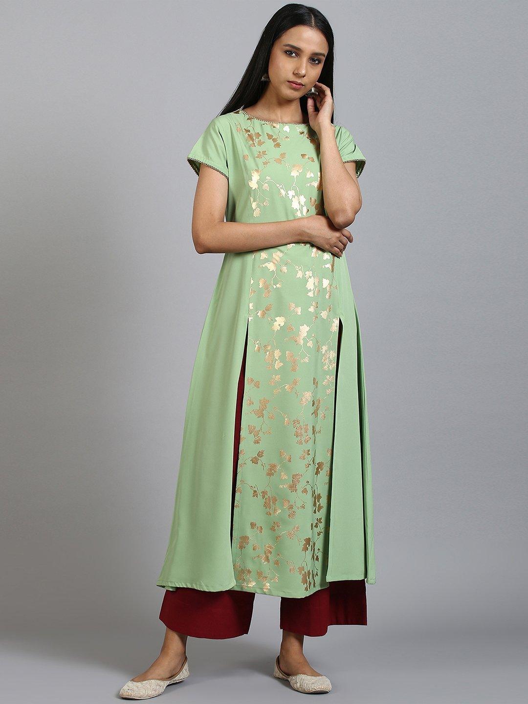 Women's Light Green Poly Crepe Kurta-Mansa - Indiakreations