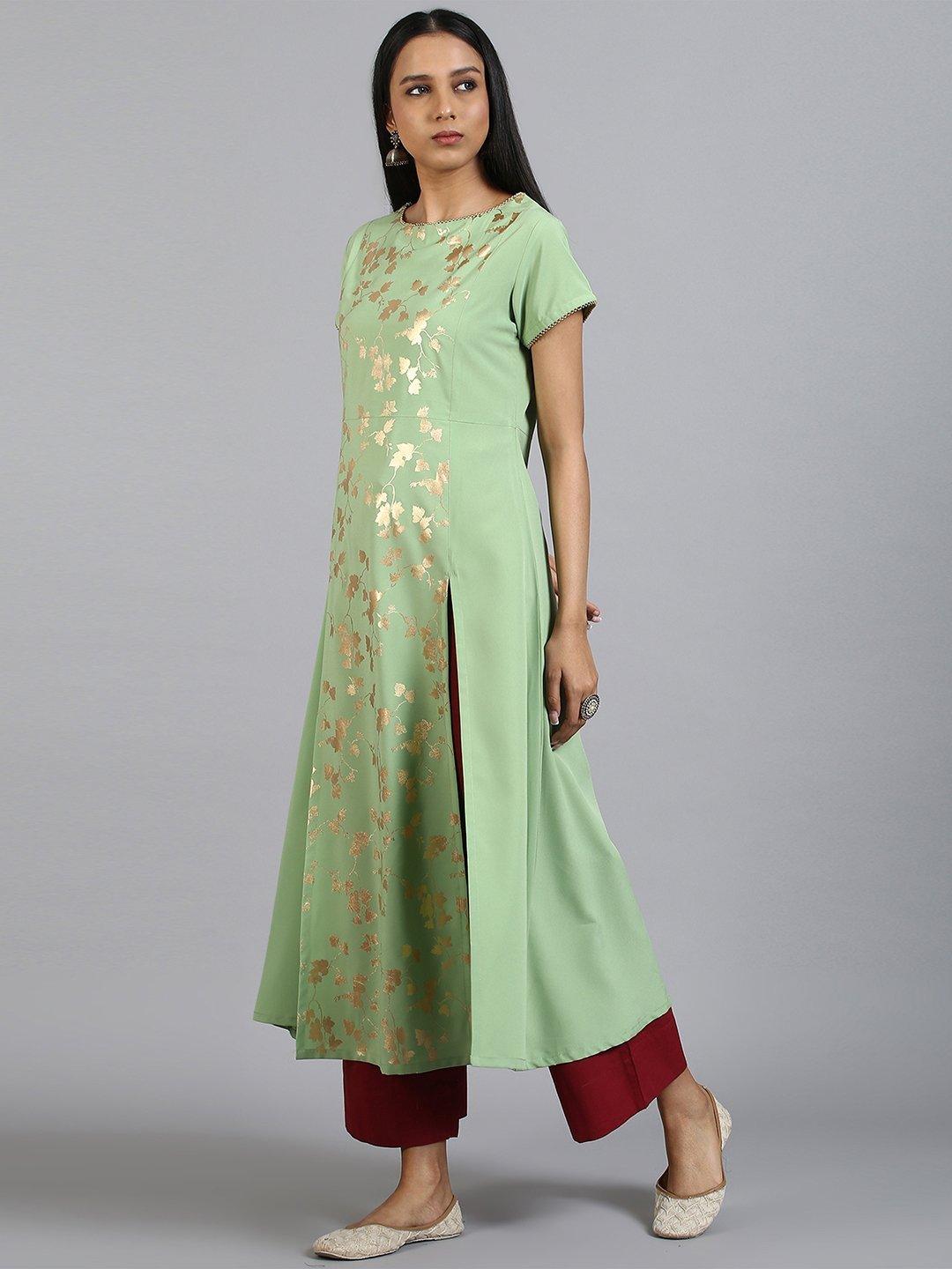 Women's Light Green Poly Crepe Kurta-Mansa - Indiakreations