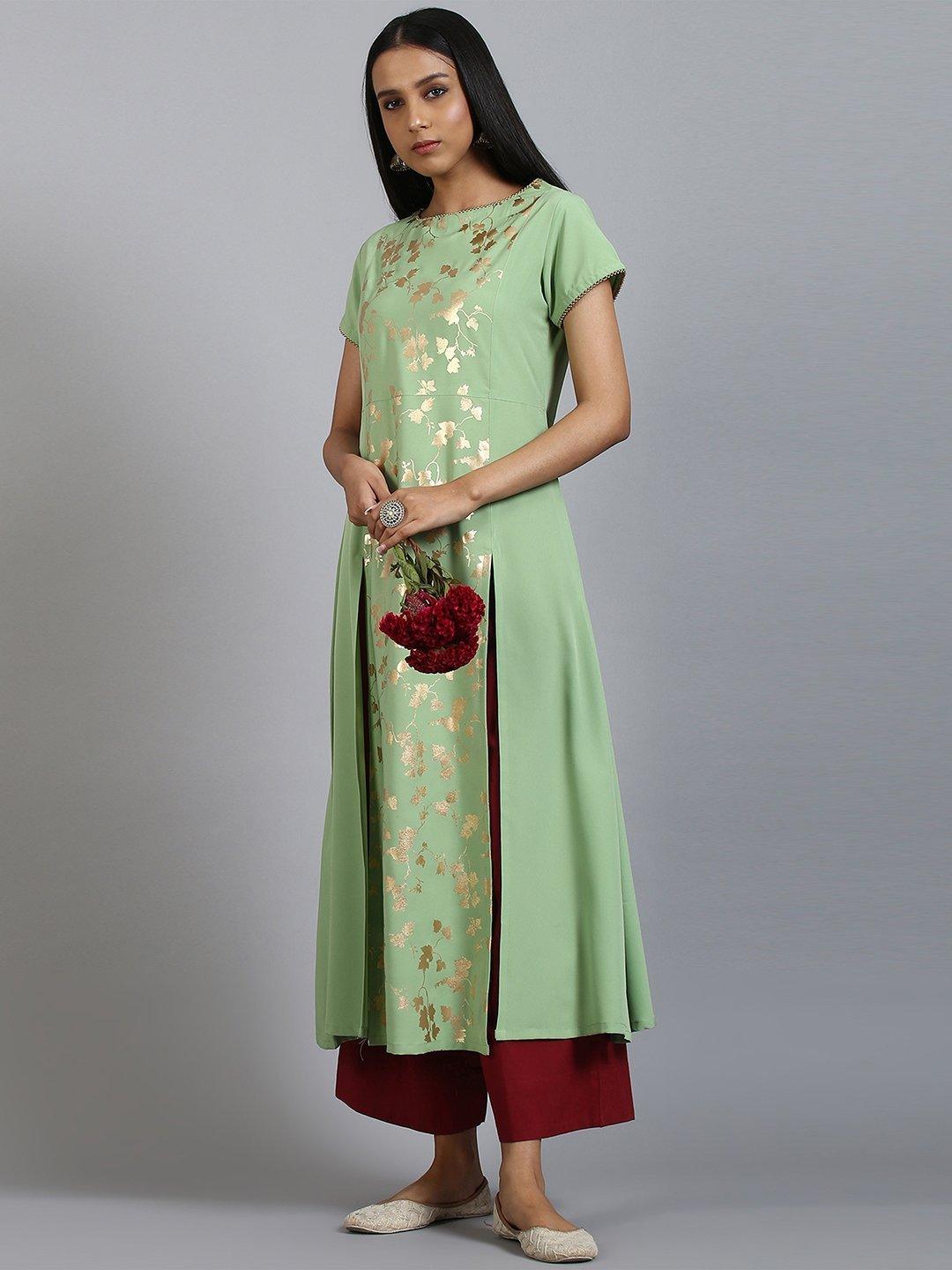 Women's Light Green Poly Crepe Kurta-Mansa - Indiakreations