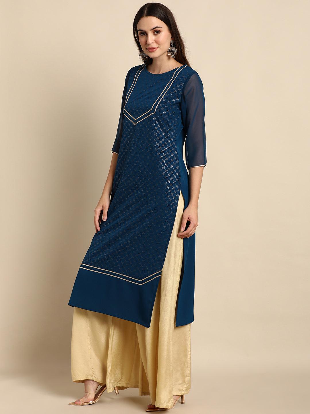 Women's Teal Poly Crepe Gold Print Straight Kurta - Mansa - Indiakreations