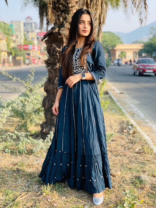 Women's Blue Mirror Embroidery Anarkali Kurta - KAAJH