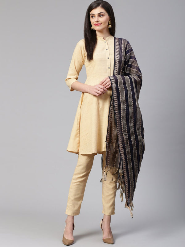 Women's Beige Solid Kurta with Trousers & Dupatta - Jompers