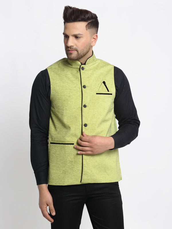 Men's Green Solid Nehru Jacket with Square Pocket ( JOWC 4024Green ) - Virat Fashions