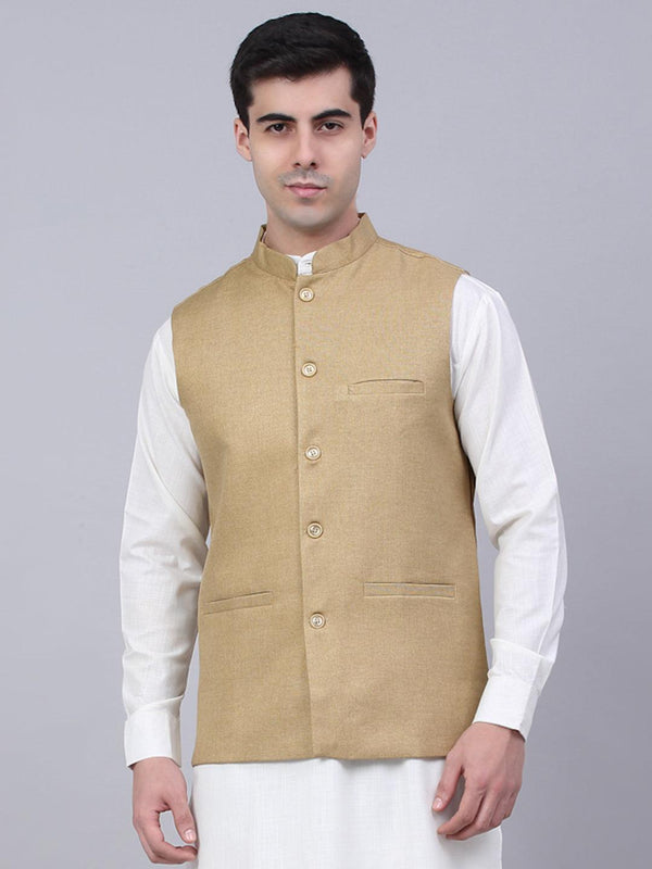 Men's Beige Solid Woven Sleeveless Nehru Jackets ( Jowc 4046 Beige ) - Virat Fashions - Indiakreations