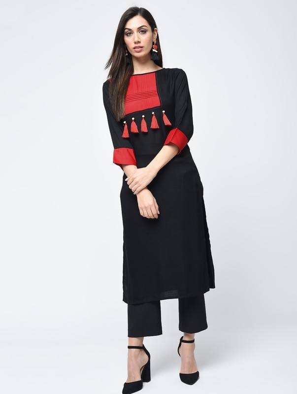 Women's Tassels Color Block Straight Kurta - Aniyah