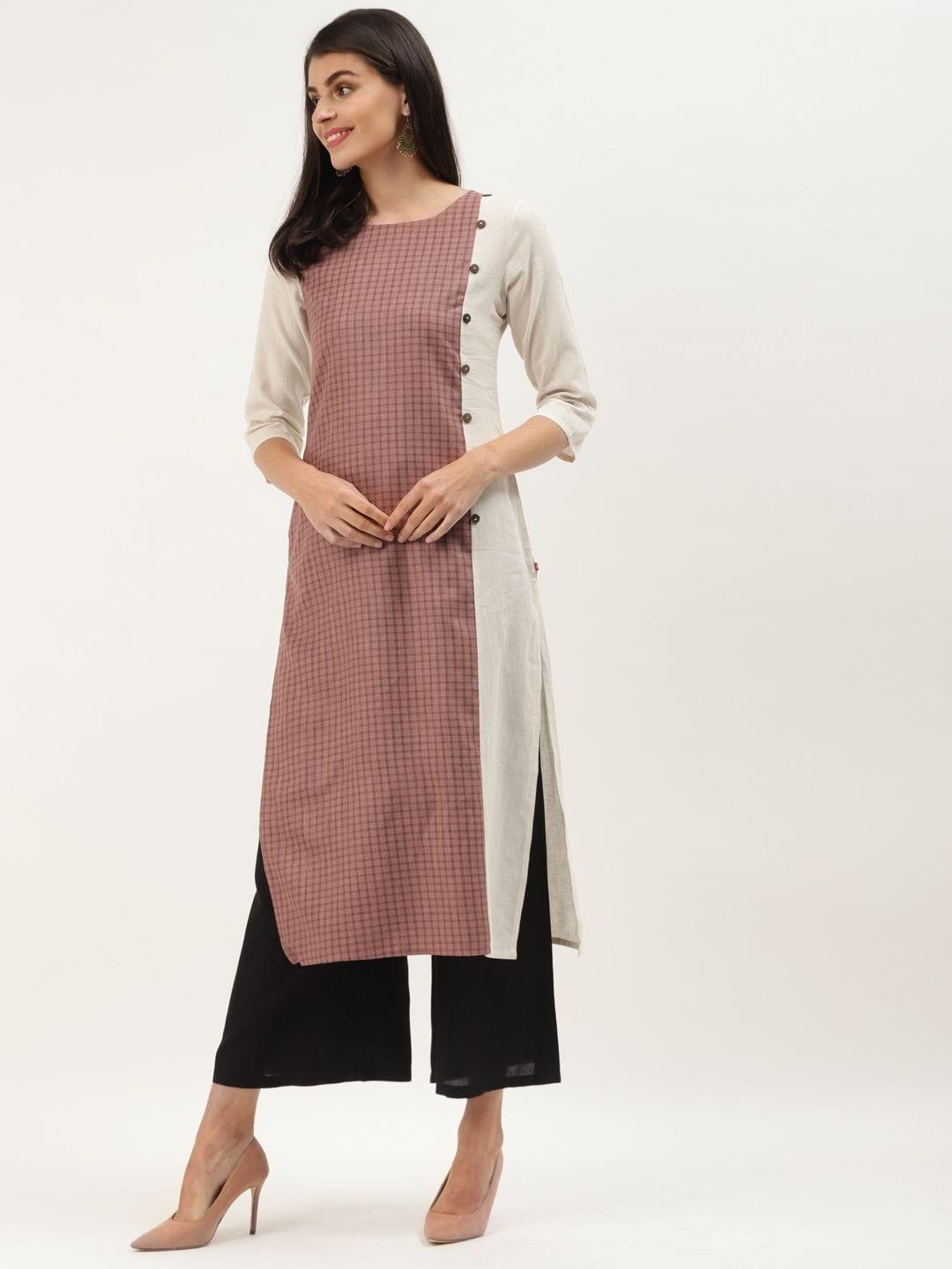 Burgundy & Off-White Woven Design Straight Kurta - Indiakreations