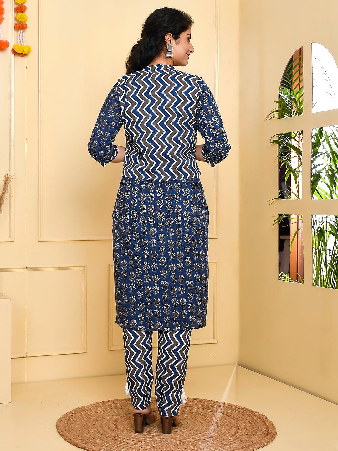 Women's Blue,White Pure Cotton Kurta - Jaitpuriya Fashion - Indiakreations