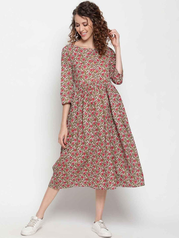 Women's Grey & Green Cotton Floral A-Line Midi Dress - THE NKS PLUS - Indiakreations