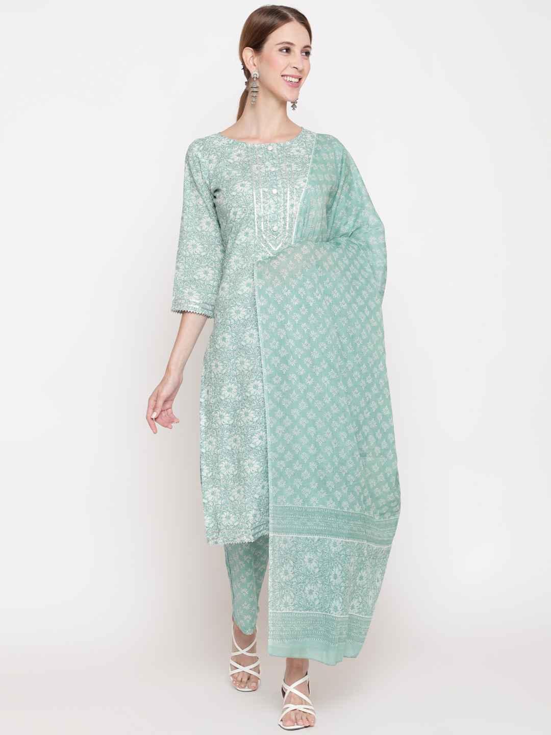 Women's Green & Off White Printed Pure Cotton Kurta With Palazzos With Dupatta - THE NKS PLUS - Indiakreations