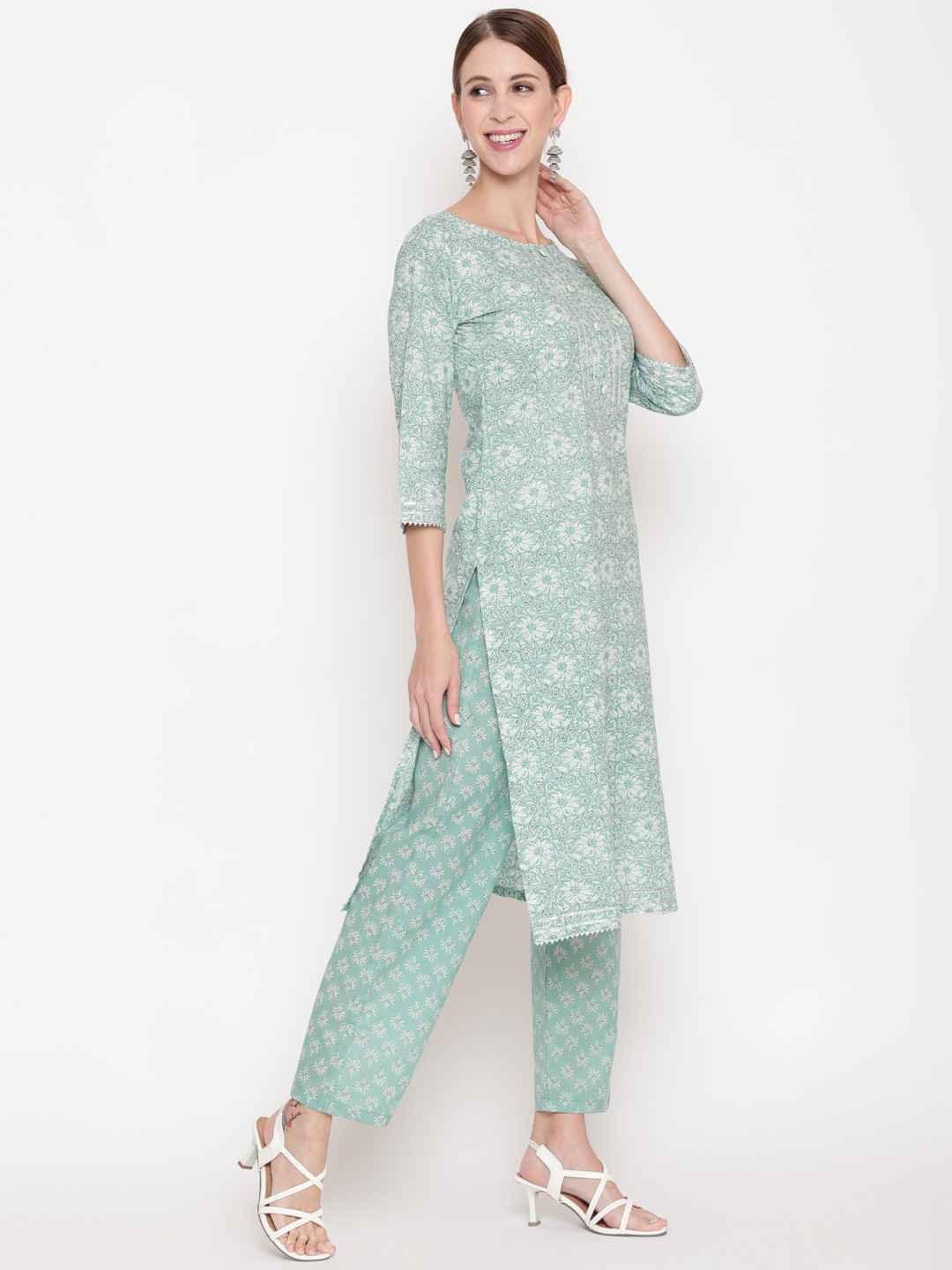 Women's Green & Off White Printed Pure Cotton Kurta With Palazzos With Dupatta - THE NKS PLUS - Indiakreations