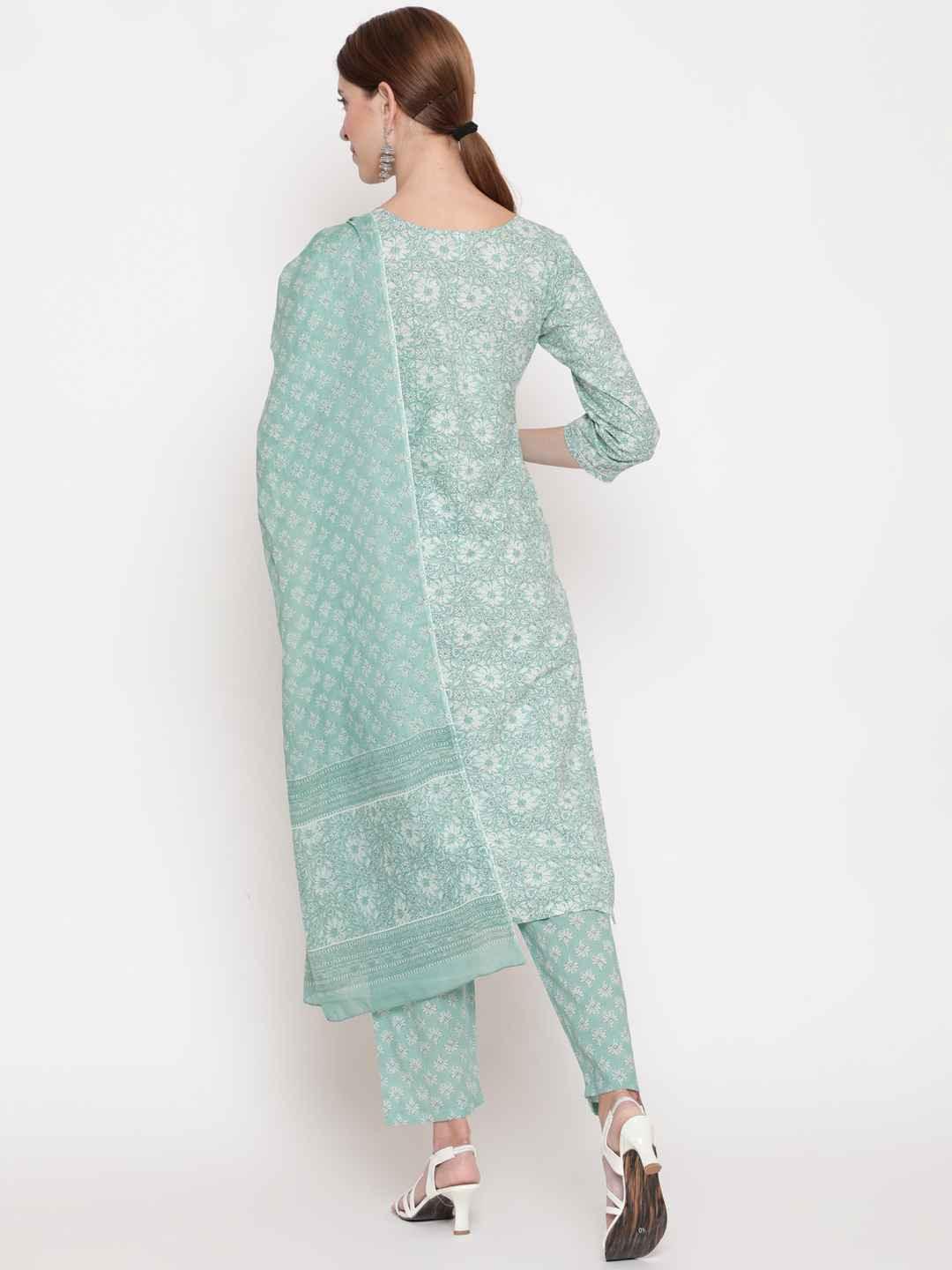 Women's Green & Off White Printed Pure Cotton Kurta With Palazzos With Dupatta - THE NKS PLUS - Indiakreations